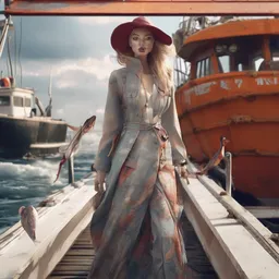 A fashion Catwalk on a fishing boat, Fashion Photography, Concept Art, Octane, Redshift, High Detail