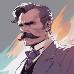 Friedrich Nietzsche with a chiseled Jawline and serious Look in his Suit, in the Style of Artgerm and Ross Draws and Mike Mignola and Atey Ghailan, rimlight, vibrant colors, hard shadows,  Comic Cover Art, trending on artstation
