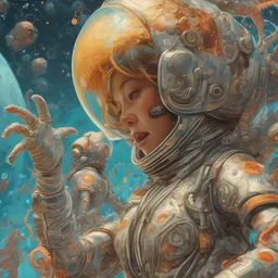 insanely detailed procedural render expressive dynamic fluid action scene of chrome spacesuits protecting the dancing cephalopod girl from certain doom as the planet they orbit sends spores attack them, photorealism, sharp focus, award winning, tristan eaton, victo ngai,, maxfield parrish, artgerm, koons, ryden, intricate details, 3 / 4 view, bokeh