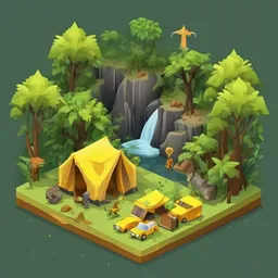 a icon of jungle expedition with a isometric style, creating a captivating mood in a mystical theme, featuring yellow color.