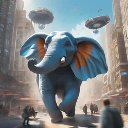 A scientist is roaring on a elephant in a bustling city in the morning while flying a blue spaceship.
