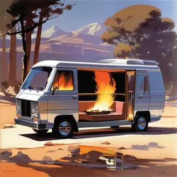 concept art for a van with a built - in fire pit, painted by syd mead, high quality