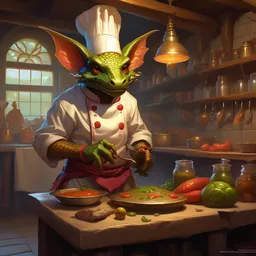 a reptilian kobold chef in a tavern kitchen, Full body shot, D&D, fantasy, intricate, highly detailed, digital painting, artstation, concept art, matte, sharp focus, illustration, hearthstone, art by Artgerm and Greg Rutkowski and Alphonse Mucha