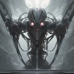 professional concept art of a symmetrical fractal ominous floating robotic terrifying thing in a dark room by artgerm and greg rutkowski ( thin white border ). an intricate, elegant, highly detailed digital painting, concept art, smooth, sharp focus, illustration, in the style of cam sykes, wayne barlowe, igor kieryluk.
