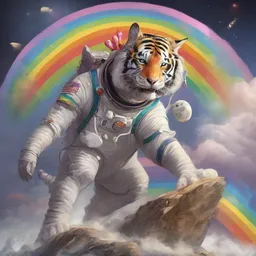 An astronaut is singing on a tiger on a big stone during a rainbow while galloping on a mythical unicorn.