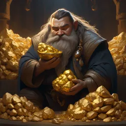 portrait of a brutal dwarf hugging the humongous raw, unrefined sparkling gold nugget, lump of native gold, realistic, fantasy art, dnd, lord of the rings, medium shot, mid - shot, moody lighting, by greg rutkowski, alphonse mucha, artgerm, trending on artstation, concept art, sharp focus, octane render, cgsociety