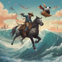 A cowboy is diving on a panda beneath the ocean waves in the morning while soaring on a magical broomstick.