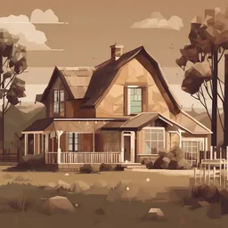 a icon of countryside farmhouse with a polygon style, creating a serene mood in a vintage theme, featuring brown color.