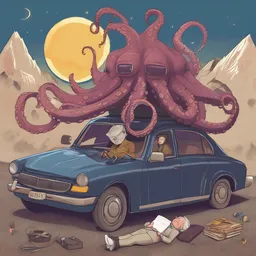 A detective is sleeping on a octopus on a mountaintop during a solar eclipse while driving a golden car.