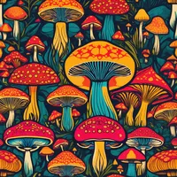 Craft a logo for a fashion brand that draws inspiration from sacred mushrooms and the psychedelic experience. Utilize bold and vibrant colors, symmetrical patterns, and vector graphics to create a visually striking logo. Incorporate a sacred mushroom icon as the centerpiece for added impact.