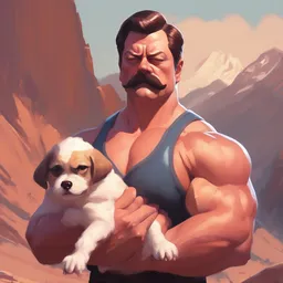 gigachad ron swanson bodybuilder holding a cute puppy in final fight mountain by ilya kuvshinov, ernest khalimov body by krista sudmalis, fantasy character portrait, ultra realistic, concept art, intricate details, elegent, digital painting, smooth, sharp focus, illustration, art by artgerm and greg rutkowski and alphonse mucha, artstation
