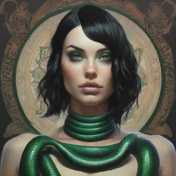 ultra realistic portrait painting of a perfect beautiful  woman green eyes black hair, neck tribal snake tattoo, painted by Tristan Eaton Stanley Artgerm and Tom Bagshaw