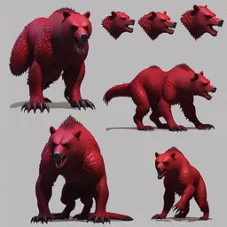 Crimson red, draconian grizzly bear, scaly, demonic, reptilian, white stripes all over its body, character design sheet, Moebius, Greg Rutkowski, Zabrocki, Karlkka, Jayison Devadas, Phuoc Quan, trending on Artstation, 8K, ultra wide angle, zenith view, pincushion lens effect.