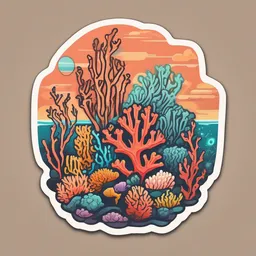 a icon of colorful coral reef with a sticker style, creating a serene mood in a vintage theme, featuring orange color.
