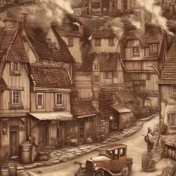 a icon of historic village with a realistic style, creating a dynamic mood in a vintage theme, featuring brown color.