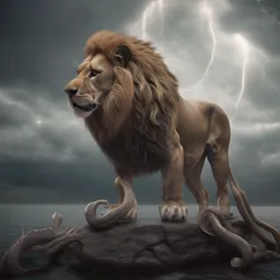 full body pose, hyperrealistic photograph of a lion combined with an octopus about 1 0 0 meters tall manipulating thunder, dim volumetric lighting, 8 k, octane beautifully detailed render, extremely hyper detailed, intricate, epic composition, cinematic lighting, masterpiece, trending on artstation, very very detailed, stunning, hdr, smooth, sharp focus, high resolution, award, winning photo, dslr, 5 0 mm