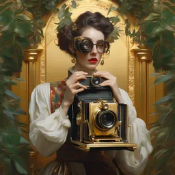 hyper realistic photographer looking through a vintage medium format camera, magic pouring from lens, full body pose, design on white background, beautiful details, lush foliage cyberpunk, gold, drawn by john singer sargent, tom bagshaw, norman rockwell, alphonso mucha, lolish, trending on artstation