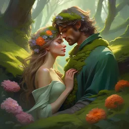 a couple made of moss and flowers in a romantic embrace. they are emerging from the undergrowth and clothed only in flowers and moss. beautiful high quality realistic fantasy art, trending on artstation by artgerm and greg rutkowski and alphonse mucha