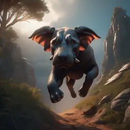 ( dog ) jumps over hill, ( dog ) looks like elephant, intricate, epic lighting, cinematic composition, hyper realistic, 8 k resolution, unreal engine 5, by artgerm, tooth wu, dan mumford, beeple, wlop, rossdraws, james jean, marc simonetti, artstation