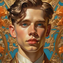 a beautiful close - up of a young man, digital art by j. c. leyendecker, vibrant color scheme, highly detailed, in the style of romanticism, fine art, high detail, great lighting, 8 k resolution, masterpiece, concept art, illustration, clear eyes, soft lighting, soft details, painting oil on canvas, octane render, hdr, trending on artstation, 4 k, 8 k, hd