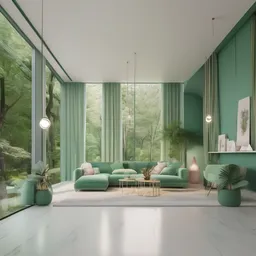 Green Forest with a minimalist style, creating a elegant mood in a luxurious theme, featuring pastel color.