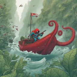 A superhero is hunting on a octopus amidst lush greenery on a foggy day while sailing a red boat.