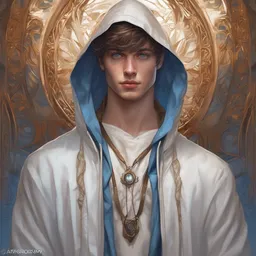 ultra realistic illustration, a young man in a white hood, with brown hair, with blue eyes, intricate, elegant, highly detailed, digital painting, artstation, concept art, smooth, sharp focus, illustration, art by artgerm and greg rutkowski and alphonse mucha