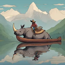 A cowboy is swimming on a rhinoceros on a mountaintop in the morning while rowing a wooden canoe.