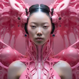 hyperrealistic solarpunk photography of a highly detailed and symmetrical gorgeous cyborg nymph awash in a sea of pink milk in the style of beth cavener, jin kagetsu, james jean and wlop, highly detailed, face symmetry, masterpiece, award - winning, sharp focus, intricate concept art, ambient lighting, 8 k, artstation