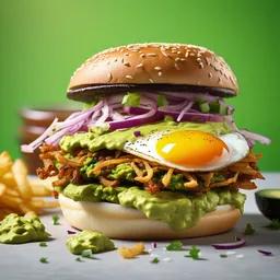 vegan hamburger guacamole and crispy fried onion and fried egg toppings, crispy buns, 8 k resolution, studio lighting, sharp focus, hyper - detailed