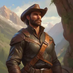 portrait of a ruggedly handsome ranger, hands details, muscular, full body, leather, hairy, d & d, fantasy, intricate, elegant, highly detailed, digital painting, artstation, concept art, smooth, sharp focus, illustration, art by artgerm and greg rutkowski and alphonse mucha