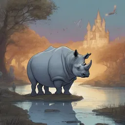 A ghost is exploring on a rhinoceros by a tranquil river at dawn while soaring on a magical broomstick.