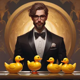a german very long light brown hair guy with glasses and very short goatee on a tuxedo holding a rubber duck!, trade offer meme, top text bottom text, art by greg rutkowski, intricate, elegant, sharp focus, digital painting, concept art, matte, art by artgerm