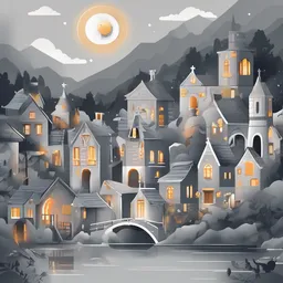 a icon of historic village with a metallic style, creating a playful mood in a mystical theme, featuring gray color.