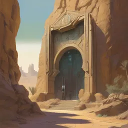 art nouveau gate leading into rock-cut cyberpunk temple with Nabatean geometric decorations, figures cloaked in robes standing outside, hardy desert bushes, science fiction concept art by greg rutkowski and wayne barlowe and alphonse mucha