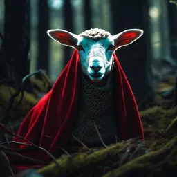 a lamb wearing red robes by greg rutkowski, deep colors and dark shadows, forest background, ambient glow, cultist