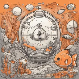 a icon of underwater adventure with a doodle style, creating a mysterious mood in a space theme, featuring orange color.