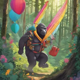 A wizard is hunting on a gorilla in a dense forest in the morning while paragliding with a colorful parachute.