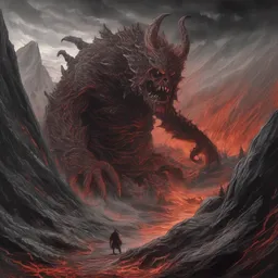 a monster in the mountains of hell, oil painting by tomasz jedruszek, cinematic lighting, pen and ink, intricate line, hd, 4 k, million of likes, trending on artstation