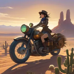cinematic mid shot of an adventurer girl riding a steampunk motorcycle on in a desert with rocks, cactus, mountains, delicate features finely detailed perfect art, gapmoe yandere grimdark, trending on pixiv fanbox, painted by greg rutkowski makoto shinkai takashi takeuchi studio ghibli