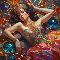 an woman in an elaborate and ornate dress lying down on a background of colorful jewels. beautiful highly detailed face. painting by artgerm and greg rutkowski and magali villanueve.