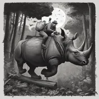A scientist is climbing on a rhinoceros in a dense forest at night while soaring on a magical broomstick.