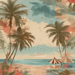 Tropical Beach with a colorful style, creating a nostalgic mood in a romantic theme, featuring earth-toned color.