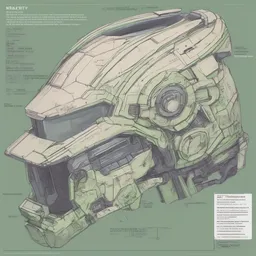 annotated highly - detailed and intricate 4 5 degree isometric cross - section of doomguy helmet + marker concept art style rendering + concept art + half blueprint + trending on artstation + intricate details + john berkey + vincent di fate + ralph mcquarrie + center frame : : annotations : : metalic green : : - 0. 2 5 kelsey grammer sketch