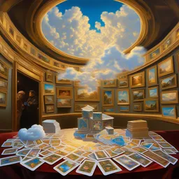 far away shot of a cloud of cards, background is a swirl of magical energies, still life,, painting in the museum, highly detailed, sharp focus, digital painting, artwork by kinkade, by victor adame minguez by yuumei by tom lovell by sandro botticelli