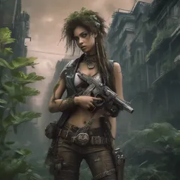 portrait of a young very beautiful cute tribal woman holding a steampunk gun, in a post apocalyptic city overgrown with lush vegetation, by Luis Royo, by Greg Rutkowski, dark, gritty, intricate, volumetric lighting, volumetric atmosphere, concept art, cover illustration, octane render, trending on artstation, 8k