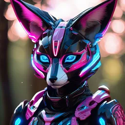 face portrait of a cyborg fennec fox animal warrior standing in the forest, in black carbon fiber pink and blue sci-fi armor, light coming off of the armor, tech wear, sci-fi, intricate, elegant, highly detailed, digital painting, artstation, concept art, smooth, sharp focus, illustration, trending on art station, dynamic lighting, cinematic, ultra detailed, fantasy concept art