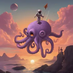 An astronaut is flying on a octopus on a big stone at sunset while soaring on a magical broomstick.