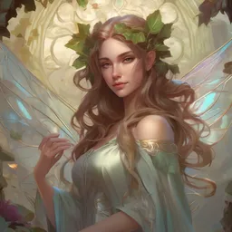 beautiful female fairy, full body shot, long hair, d & d, fantasy, ethereal background, intricate, elegant, highly detailed, digital painting, artstation, concept art, matte, sharp focus, illustration, hearthstone, art by artgerm and greg rutkowski and alphonse mucha