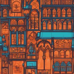 a icon of medieval marketplace with a neon style, creating a vibrant mood in a urban theme, featuring orange color.